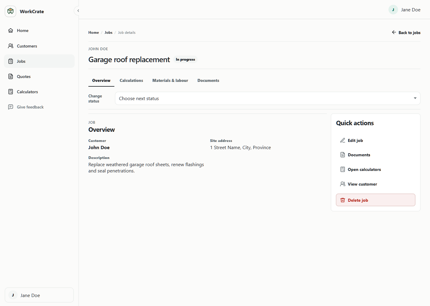 WorkCrate job overview with customer, site address and work description