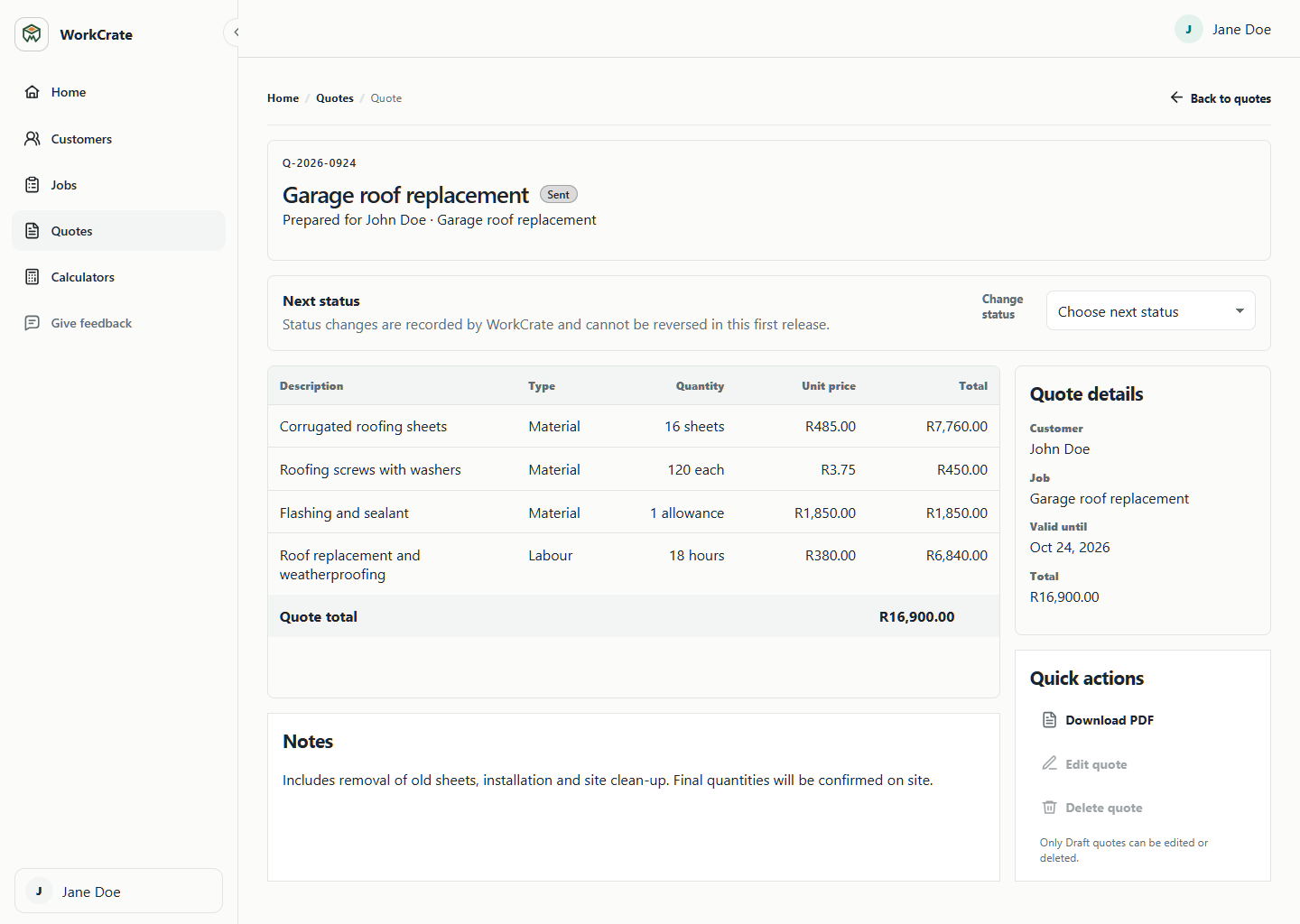 WorkCrate quote detail showing material and labour line items and total